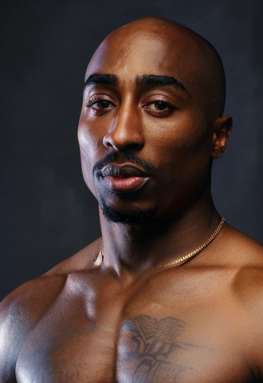 Tupac Shakur,darkambient,(deep,dark,brooding:0.9),straighteyecontact,shirtless,full body,artisticpose,darkshadebackground,(realistic,detailed:1.37),bestquality,4k,blackbackground,noheadaccessories,no head accessories, bald, full skin details