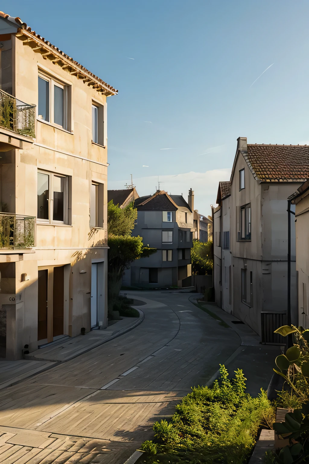Architecture contemporaine, serait, bord de mer, heure d'or, béton, bois, végétation, population