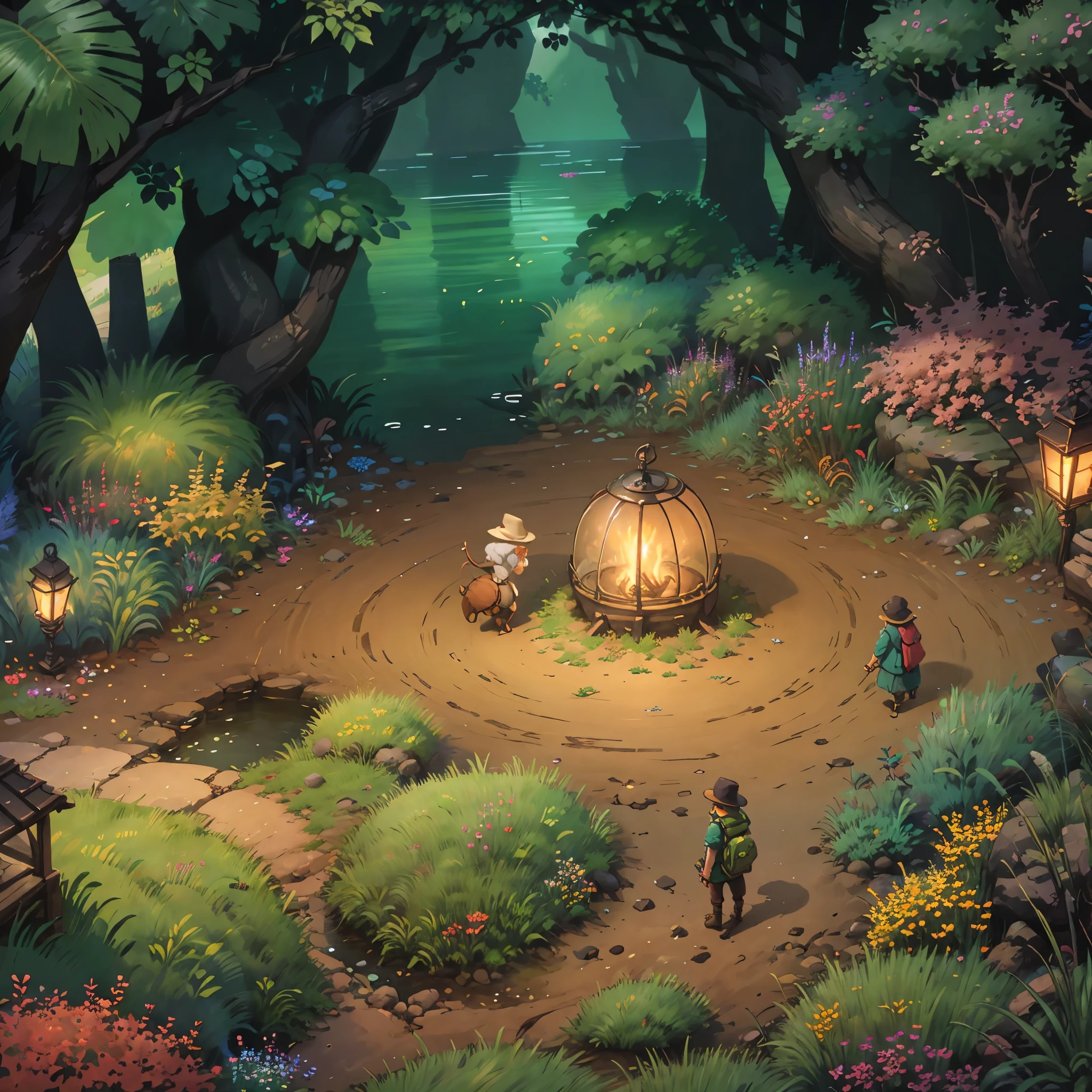 8K, (((isometry))), Look down at 45°,Top-down fantasy,the night,Isometric art of the Pumice Islands, Mother Earth,No buildings,setting in nature,ln the forest,The tree,grassy fields,Luminous flowers,Avatar,Cartoony,Q version of role-playing, alta fantasia, art stations, concept-art, moss, Final Fantasy,Dream Westward Journey, 8-bit video game art,in style of ghibli