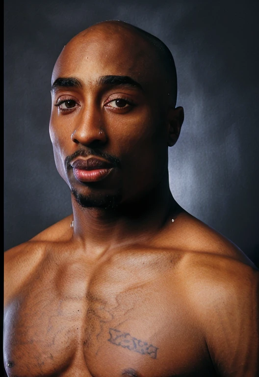 Tupac Shakur,darkambient,(deep,dark,brooding:0.9),straighteyecontact,shirtless,full body,artisticpose,darkshadebackground,(realistic,detailed:1.37),bestquality,4k,blackbackground,noheadaccessories,no head accessories, bald, full skin details
