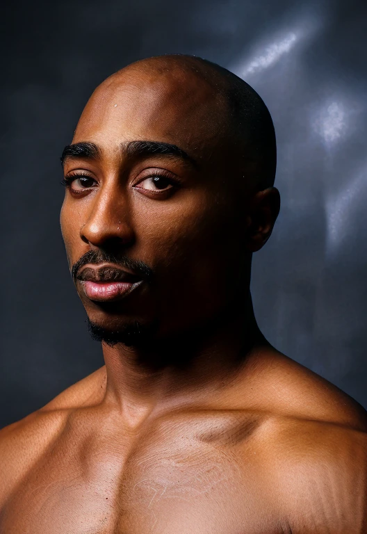 Tupac Shakur,darkambient,(deep,dark,brooding:0.9),straighteyecontact,shirtless,full body,artisticpose,darkshadebackground,(realistic,detailed:1.37),bestquality,4k,blackbackground,noheadaccessories,no head accessories, bald, full skin details