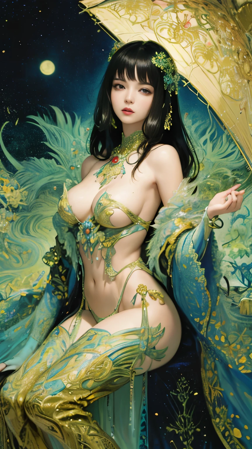 a Nsfw gorgeous Naked princess in colorful Kimono,hiding hands,no hands,pussy,nude,erotic posing,sexual posing,having sex,Like the work of Klimt,Like Amcha's work,Inspired by Klimt and Mucha,Vivid colorful tones,colourful hair,Stylish,Anime Girl,fantrome,NSFW,busty,Gorgeous,Glamour, Inspired by Robert McGinnis, inspired by Grete Stern, style of takato yamamoto, Guido Crepax, Guido Crepax Style, tenderness, Vania Zhurvyov, Inspired by Leonor Fini, Long-tail cultivation, inspired by Takato Yamamoto.masutepiece,ultimate quallity,Detailed background, tag: Beautiful detailed eyes, Beautiful detailed lips, extremely detailed eye and face, long eyelashes, (Best Quality:1.2), Ultra-detailed, (Realistic:1.37),ultra photorealistic,, Color contrast, High resolution, Psychedelic Dresses, Inspired by Robert McGinnis, Grete Stern style, Takato Yamamoto Style, Guido Crepax Style, Inspired by Amano, Inspired by Vania Juravievov, Inspired by Leonor Fini, Inspired by Hideboshi Nagao, Inspired by Takashi Yamamoto, Vivid colors, Dramatic Lighting, Impressive composition, Intriguing atmosphere, Feminine elegance.