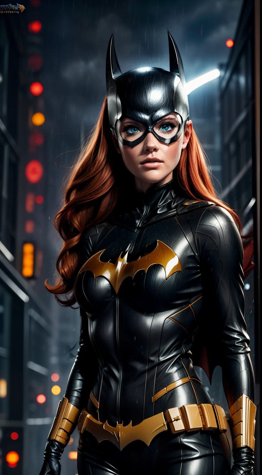 barbara gordon, anime, beauty, Batgirl clothes, Batgirl cosplay, wind effect, full body photo, prominent figure, standing on the edge of a skyscraper, night, photo (Masterpiece) (Best quality) (Detail) (8K) (HD) (Wallpaper) (Cinematic lighting) (Sharp focus) (Intricate), sexy, rain, wet, rays, best quality, ultra high resolution, photorealistic, full body portrait, incredibly beautiful,  dynamic poses, detailed skin texture, highly detailed skin, detailed face,