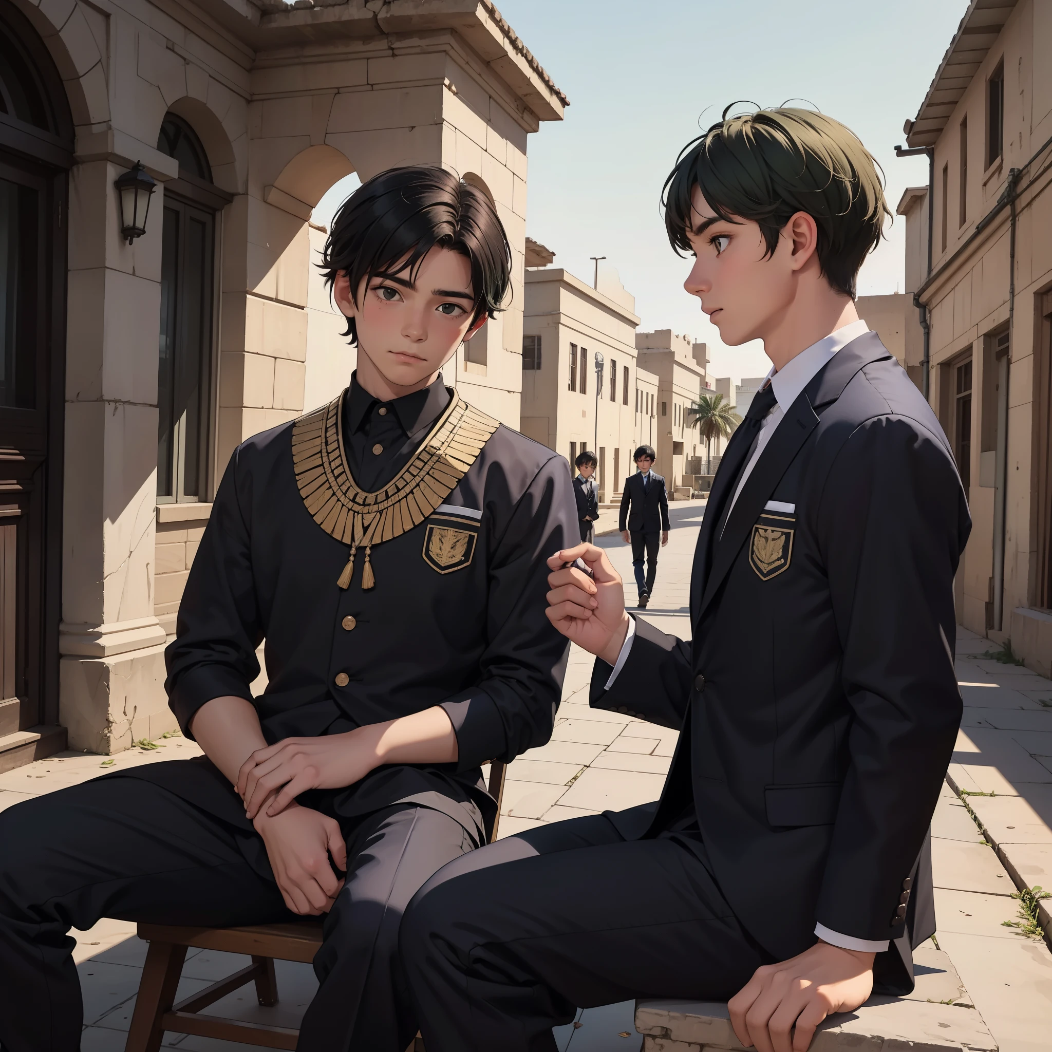 de perfil , There are two handsome 12-year-old boys sitting in the school yard, but it is a school in ancient Egypt. They see someone approaching. One of them has green hair and the other has black hair with brown strands.