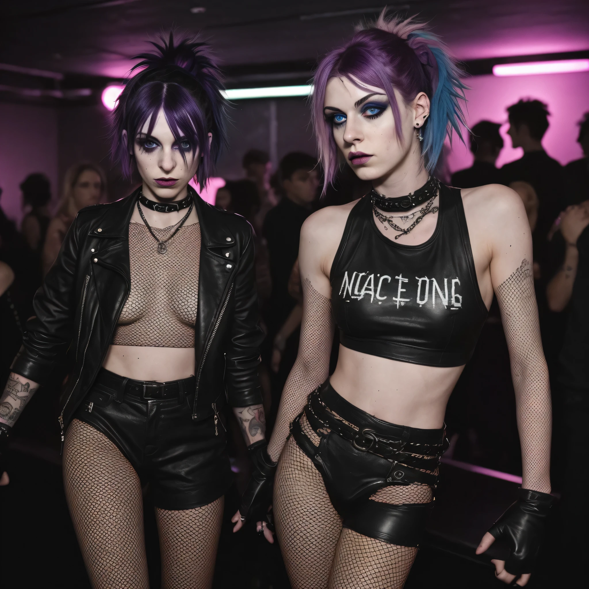 RAW Photo, DSLR BREAK (kkw-ph1:0.9) BREAK half body portrait of two young 20yo woman, black hair, BREAK detailed, professional colorgraded Punk Woman, in a club, with sidecute hair, skin texture, the lights of a city, neon lights, detail face, detail backgrounds little blur, natural lights, HDR, photo realistic, professional photo, flirt with the viewer, wind (best quality,4k,8k,highres,masterpiece:1.2), vibrant scene, post-punk atmosphere, dark underground. Two girls with a post-punk "Goth Barge" T-shirts, showcasing under-boob, dancing energetically in a crowded dance club filled with the 80s traditional goth aesthetics. The dancefloor is dimly lit with purple neon lights, creating a contrasting atmosphere for the vibrant crowd. The girl's purple mohawk hair stands out as a rebellious symbol, representing the essence of the 80s punk culture. The dance club crowd is crowded and diverse, with individuals dressed in elaborate goth outfits, fishnet stockings, leather jackets, and unconventional hairstyles. The DJ is playing energetic and edgy post-punk music, setting the tone for the dance party. The overall scene exudes a lively and nostalgic ambiance, reminiscent of the vibrant underground subculture of the 80s post-punk era. Black, White, Hispanic.