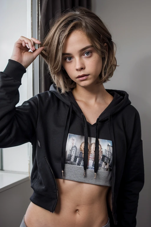 Cute, twink, dark blonde hair, teen, teenager, black hoodie, femboy, short hair, messy hair, matthew grey gubler as a girl, surprised expression, busty, thin, feminine body