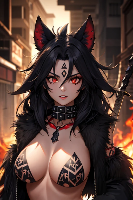 Gnoll woman, woman, red eyes, black fur, spike collar, Gnoll woman, big , big tighs, 4k, hd, pretty face, messy hair, menacing, acurrate eyes, sharp pupils, scary look, sword, (human head), (Mohican), (tribal clothing), exposed belly, (black hair), (hyena ears), long hair, tribal tattoo