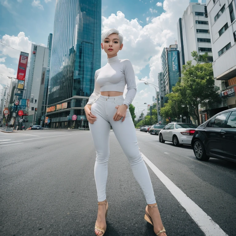 Create a dynamic urban portrait of the Malay woman in contemporary streetwear, very short white pixie hair cut, small breast, wide hips, big ass, thick thighs, capturing her confidence and style as she strikes a pose against the backdrop of a bustling city street