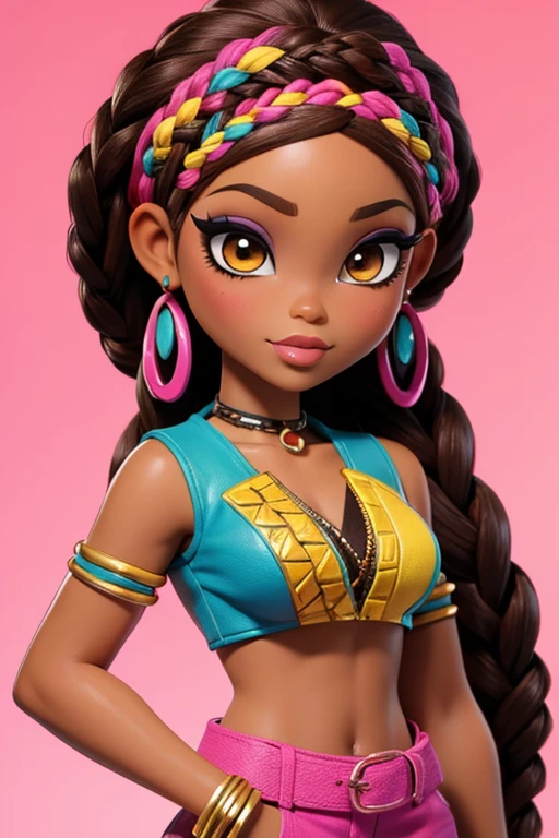 Personagem no estilo Bratz, brown-skinned African woman with colorful braids 