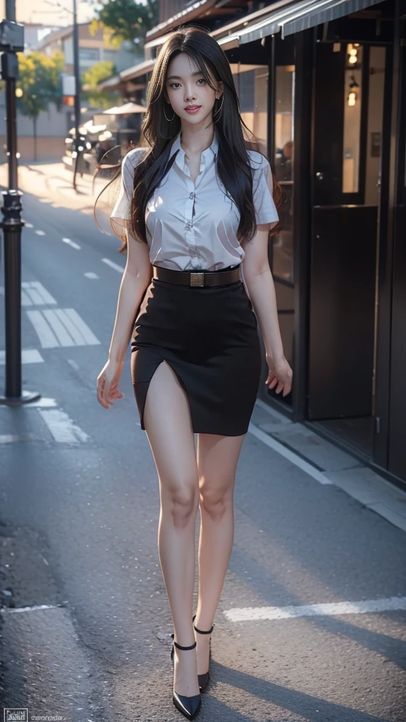 highest resolution, 8K, high definition, (((My hair is very long., My hair is very long., My hair is very long., Extra long, Knee-length hair))), Thai Students, Half Thai, half Japanese, half Korean., Height 173 centimeters, (((stand, walk))), Beautiful face, แต่งBeautiful face, Double eyelids, red lips, smile at the corner of the mouth, beautiful eyes, Beautiful Woman, The texture is realistic., Slim white short-sleeved shirt, collar shirt, Matte black short pencil skirt, Very short, Side incision, กระโปรงสีดำด้านพร้อมbeltผู้หญิง, tight, Huge breasts, Breast augmentation, เต้าBig tits, Big tits, Plump milk, Fluffy milk, Huge breasts, Symmetrical shape, sexy figure, Thin, slim, small waist, Long legs, Beautiful thighs, Pitch black high heels, earring, Put on a watch, belt, (((full body, Look at every part of the body.))), university backdrop, building, building, lawn, outdoor sports field