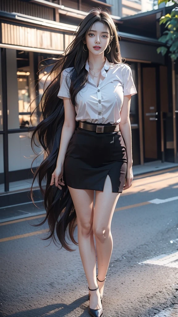 highest resolution, 8K, high definition, (((My hair is very long., My hair is very long., My hair is very long., Extra long, Knee-length hair))), Thai Students, Half Thai, half Japanese, half Korean., Height 173 centimeters, (((stand, walk))), Beautiful face, แต่งBeautiful face, Double eyelids, red lips, smile at the corner of the mouth, beautiful eyes, Beautiful Woman, The texture is realistic., Slim white short-sleeved shirt, collar shirt, Matte black short pencil skirt, Very short, Side incision, กระโปรงสีดำด้านพร้อมbeltผู้หญิง, tight, Huge breasts, Breast augmentation, เต้าBig tits, Big tits, Plump milk, Fluffy milk, Huge breasts, Symmetrical shape, sexy figure, Thin, slim, small waist, Long legs, Beautiful thighs, Pitch black high heels, earring, Put on a watch, belt, (((full body, Look at every part of the body.))), university backdrop, building, building, lawn, outdoor sports field