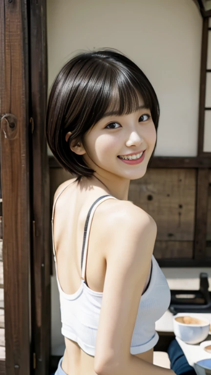 85
(a 20 yo woman,is standing), (A hyper-realistic), (masutepiece), ((short-hair:1.46)), (Smooth black hair), (Breast:1.0), (kindly smile), Wearing shorts, (Wear a T-shirt with a character design print), (Beautiful skin:1.5)