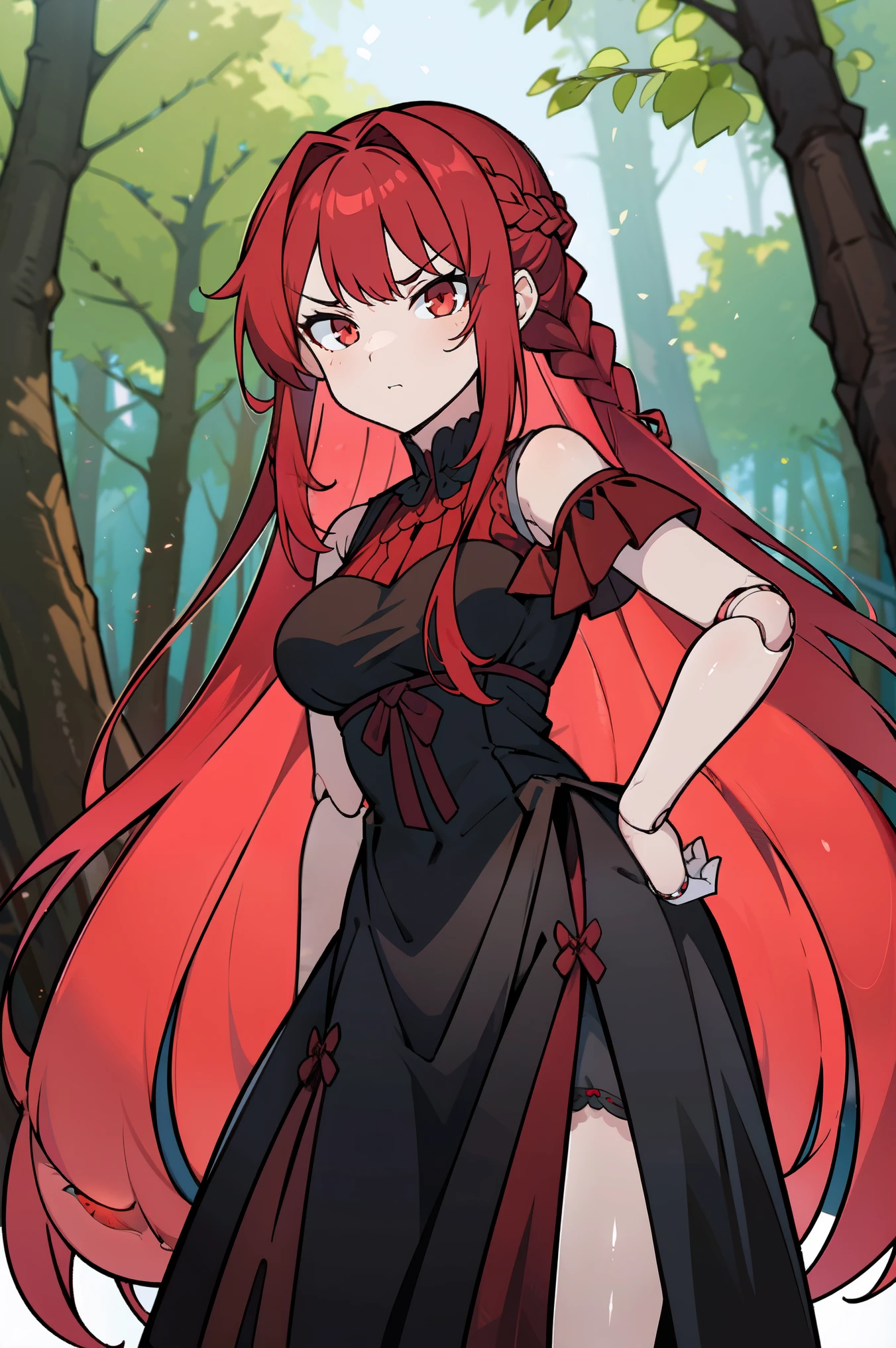 masterpiece, best quality, ultra high quality, blurry, 1girl, solo, crimson red hair, very long hair, french braid, single sidelock, red eyes, glowing eyes, medium breasts, mature girl, neutral, cold, evil face, mischievous, black victorian dress, ornate white dress, (sleeveless), off-shoulder dress, frills, (dollgirl, doll joints), looking at viewer, ((single hand on hip)), (glowing light), focus on character, forest, trees