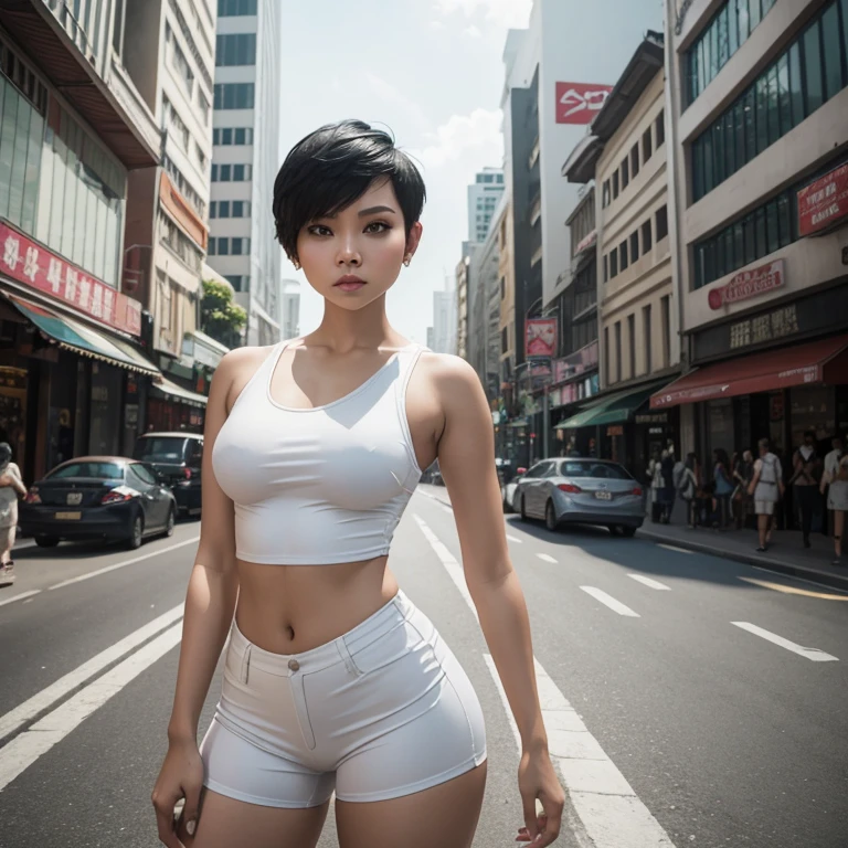 Create a dynamic urban portrait of the Malay woman in contemporary streetwear, very short white pixie hair cut, small breast, wide hips, big ass, thick thighs, capturing her confidence and style as she strikes a pose against the backdrop of a bustling city street