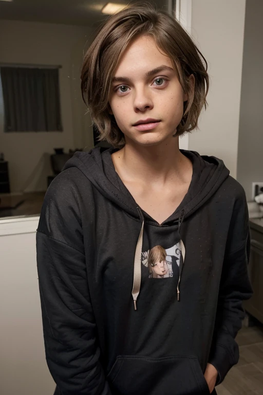 Cute, twink, dark blonde hair, teen, teenager, black hoodie, femboy, short hair, messy hair, matthew grey gubler as a girl, surprised expression, busty, thin, feminine body