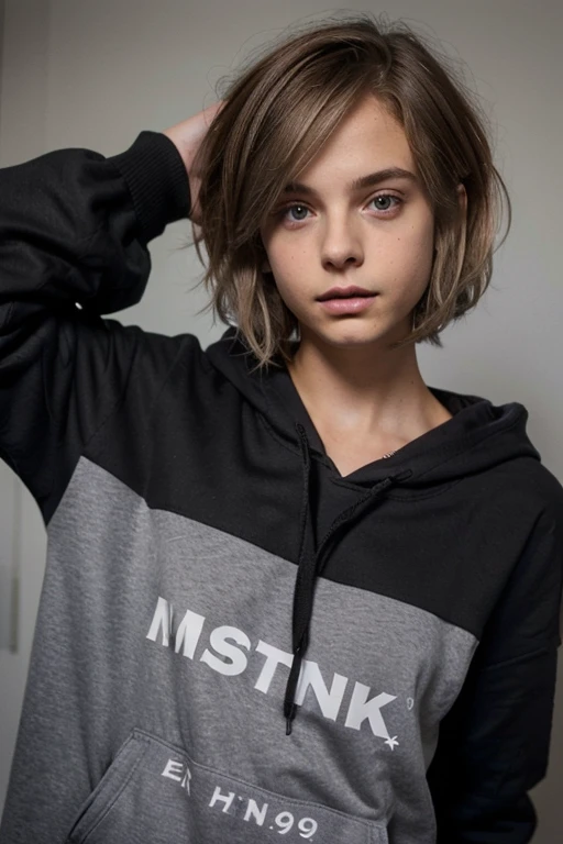 Cute, twink, dark blonde hair, teen, teenager, black hoodie, femboy, short hair, messy hair, matthew grey gubler as a girl, surprised expression, busty, thin, feminine body, bmb-fc