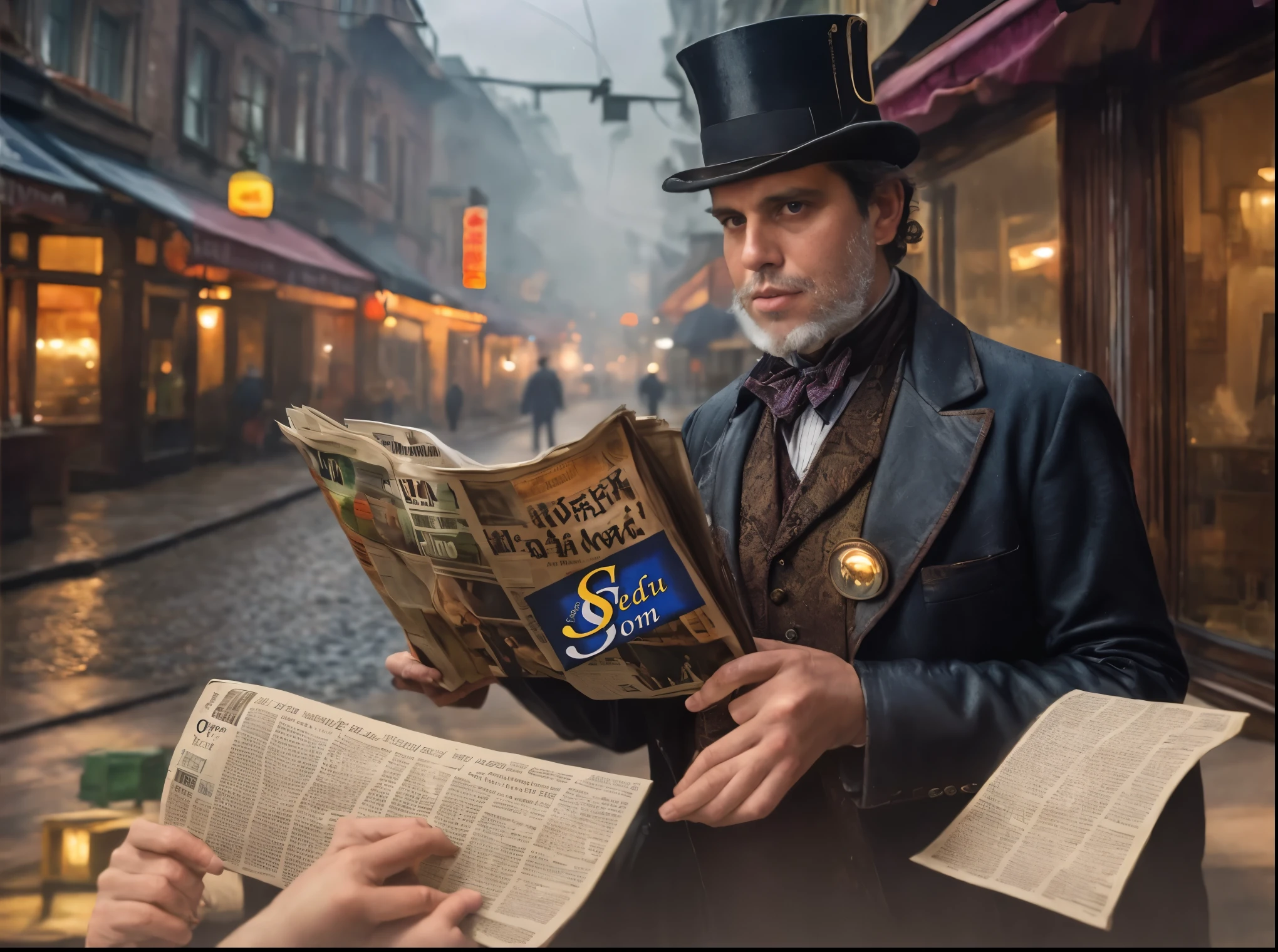there is a man in a top hat reading a newspaper, kramskoy 4 k, inspirado em Ivan Kramskoi, snake oil seller, homem bonito, por John La Gatta, still from a live action film, Alexei Egorov, Sergei Zabelin, por Micha Klein, inspirado em Carl Spitzweg, Direction: Svetlin Velinov