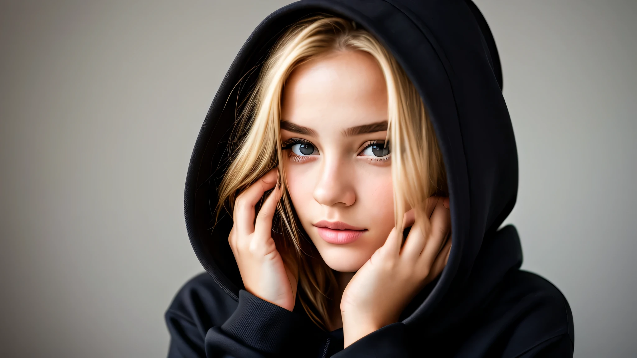 KIDS GIRL BLONDE in a black hoodie holding her head in her hands, girl wearing hoodie, in a black hoodie, close up portrait photo, gorgeous young model, in a hoodie, portrait black and white portrait, wearing a black hoodie