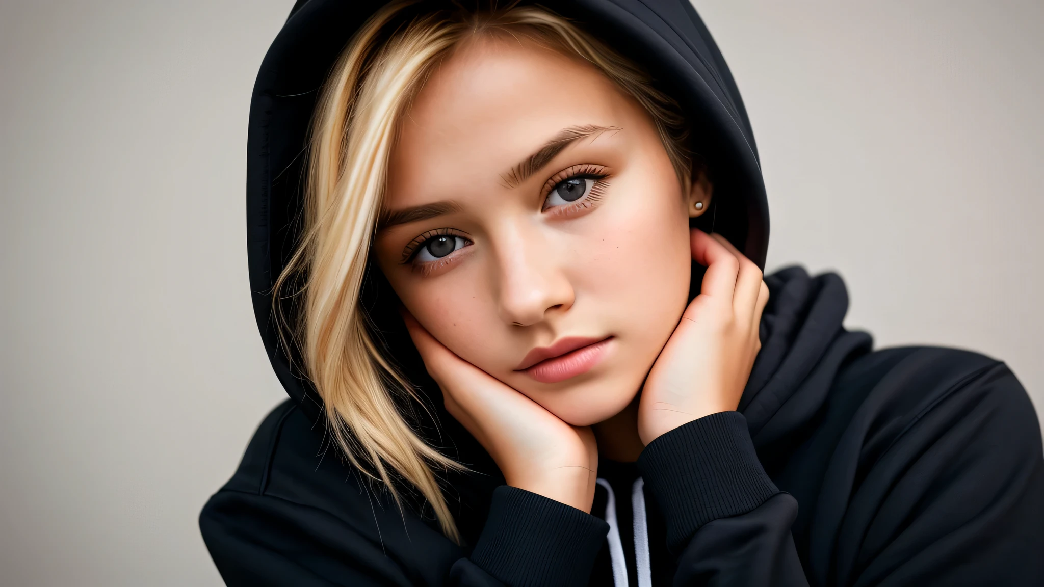 KIDS GIRL BLONDE in a black hoodie holding her head in her hands, girl wearing hoodie, in a black hoodie, close up portrait photo, gorgeous young model, in a hoodie, portrait  black and white portrait, wearing a black hoodie