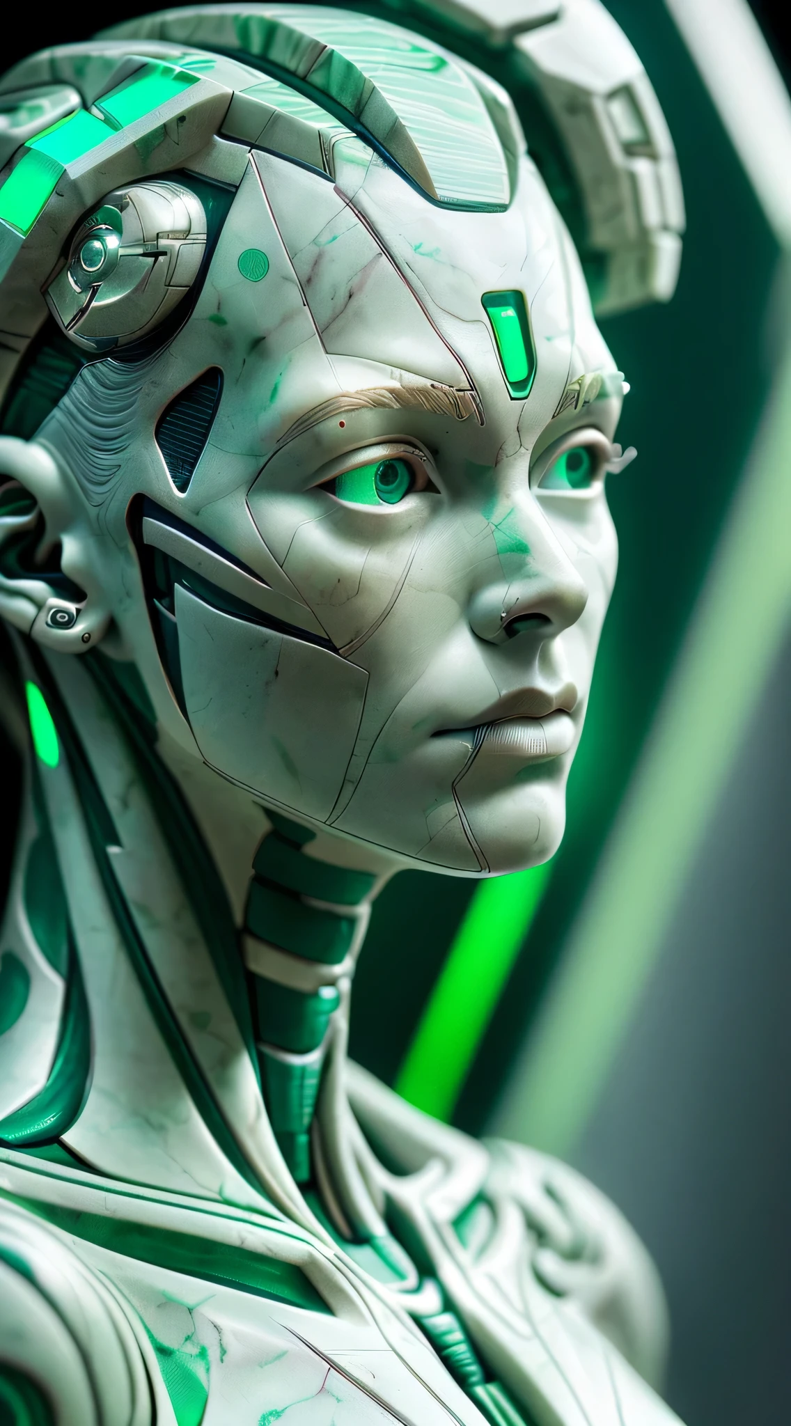 cyborg woman, with a visible detailed brain, muscles cable wires, biopunk, cybernetic, cyberpunk, (((green marble bust))), (((sharp focus))), smooth, hyperrealism, highly detailed, intricate details, carved by michelangelo, ((close up)), (((Close up shot:1.4))), ((Sony a7iii))), ((100mm)), ((full details:1.5))