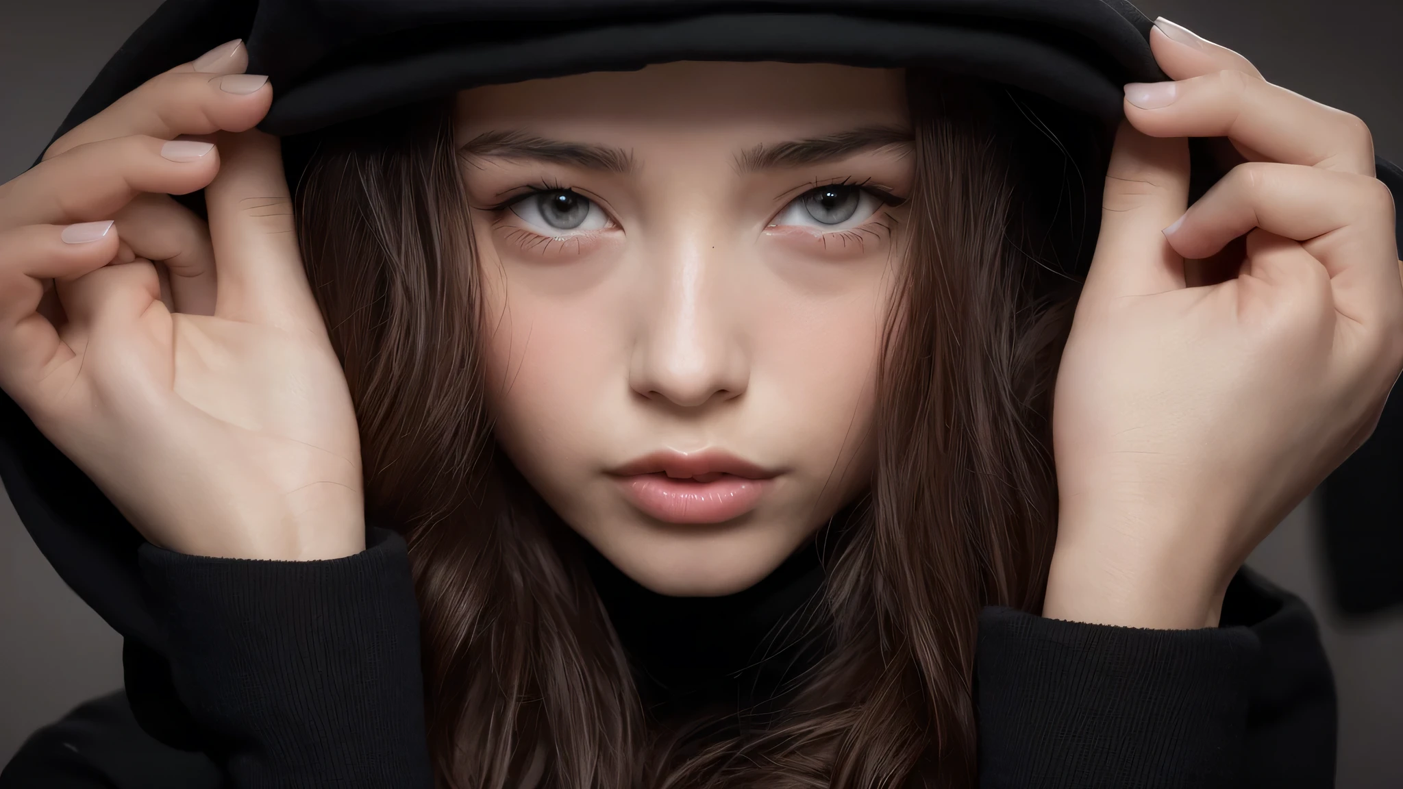 arafed woman in a black hoodie holding her head in her hands, girl wearing hoodie, in a black hoodie, close up portrait photo, gorgeous young model, in a hoodie, dasha taran, portrait sophie mudd, yelena belova, anna nikonova aka newmilky, by irakli nadar, black and white portrait, wearing a black hoodie