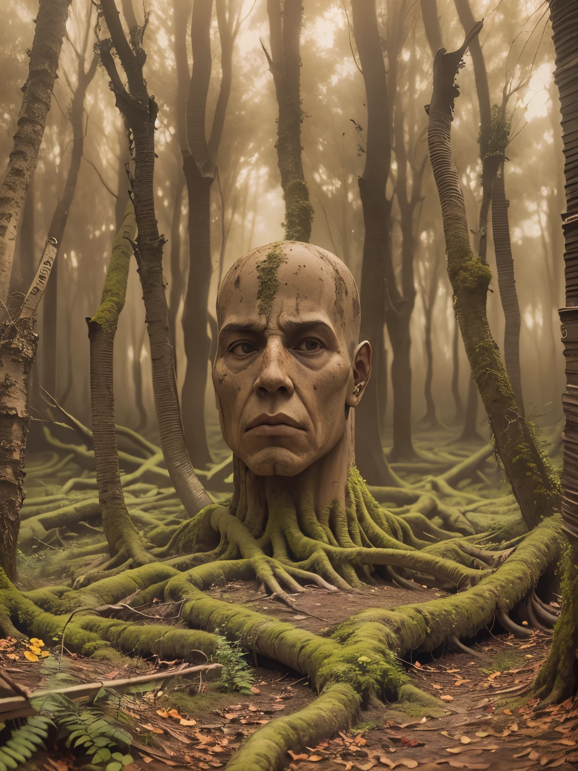 (extremadamente detallado, obra maestra, La mejor calidad, Tono sepia) bosque enorme, Trees with a human face, ruinas. Daytime Lighting.