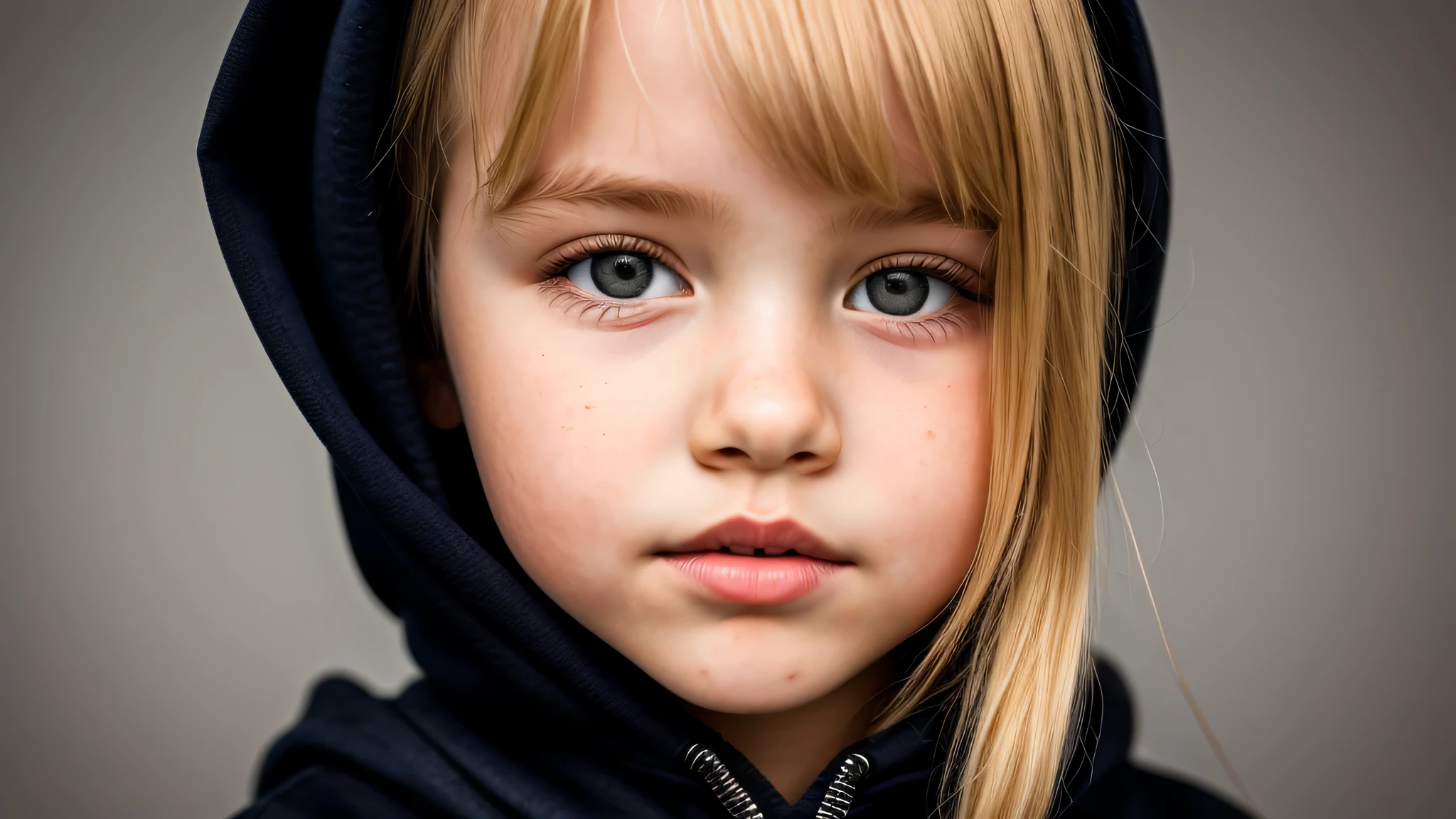 KIDS GIRL BLONDE in a black hoodie holding her head in her hands, KIDS girl wearing hoodie, in a black hoodie, close up portrait photo, gorgeous young model, in a hoodie, portrait black and white portrait, wearing a black hoodie