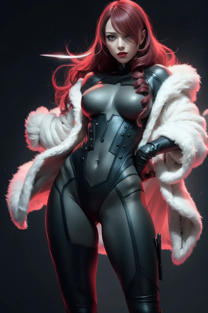 a woman with red lipstick has armor on and is holding a sword, kirijou mitsuru, 1girl, solo, hair over one eye, long hair, (((red hair))), (((red eyes))), weapon, rapier, sword, bodysuit, black bodysuit, grey bodysuit, hand on hip, (((large breasts))), simple background, white background, (purple theme:1.2)