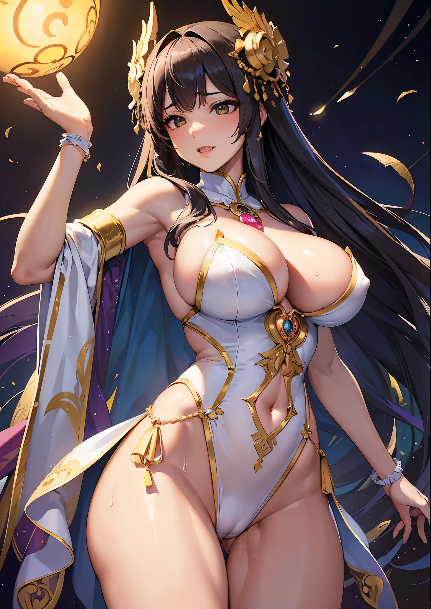 (best quality,ultra-detailed,realistic:1.37), exotic queen, sensual, seductive dancer, vibrant colors, opulent costumes, intricate jewelry, mesmerizing movements, atmospheric lighting, elegant poses, alluring atmosphere, mysterious aura, rich cultural heritage, intricate harem, decorative patterns, elaborate headpieces, graceful choreography, passionate expressions, enticing music, enchanting ambiance (masterpiece, highest quality, highest quality, official art, beautiful and aesthetic:1.2), (1 girl), very detailed目, (fractal art:1.3), colorful, most detailed, (perfect face), shiny skin, HDR, milky way, (light streaks), striking visuals, (dynamic streaks, Path of Light:1.2), bright colors,((巨大なtits、tits、cleavage、erectionした乳首がはっきりと見えます、erotic face、Open your legs to emphasize your pants、thighs)) 、highest quality,In 4K,8K,High resolution,debris flies:1.2,Super detailed,reality:1.37, ticker,ticker,studio lighting,Ultra-fine painting,titsのシャープなフォーカス,Physically based rendering,extreme details,Professional specifications,Vividness and color、view from below,Have sex from before,masterpiece,Showing off her perfect and erotic white thong panties in Fulco)),((lewd panties))、美しいthighs、Low - Angle:1.4、highest quality, very detailed,Beautiful smile、big breasts、adultery、camel toe、dance of temptation、aphrodisiac、Nothing、drag、ornately decorated panties、erection、excited state、((Sweat、love juice、Semen body fluids、大量のSweat、Bukkake、semen、fuck、Cowgirl))