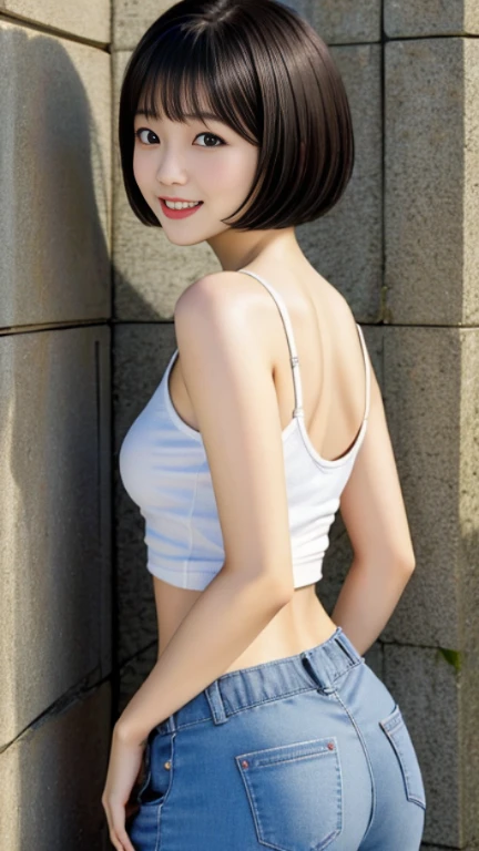 top-quality,masterpiece,Raw photography,8K,Top image quality,hight resolution, 18 years old Japanese female idol ,Beautuful Women,cute Japanese girls, Pretty Woman ,Beautiful face in every detail, ,small head, seductive smile ,Realistic human skin, pale skin ,cut model , Short hair ,bowl cut ,skinny body , t-shirts,low rise pants, face focus , back focus, leaning forward ,arched back, from above , from side,