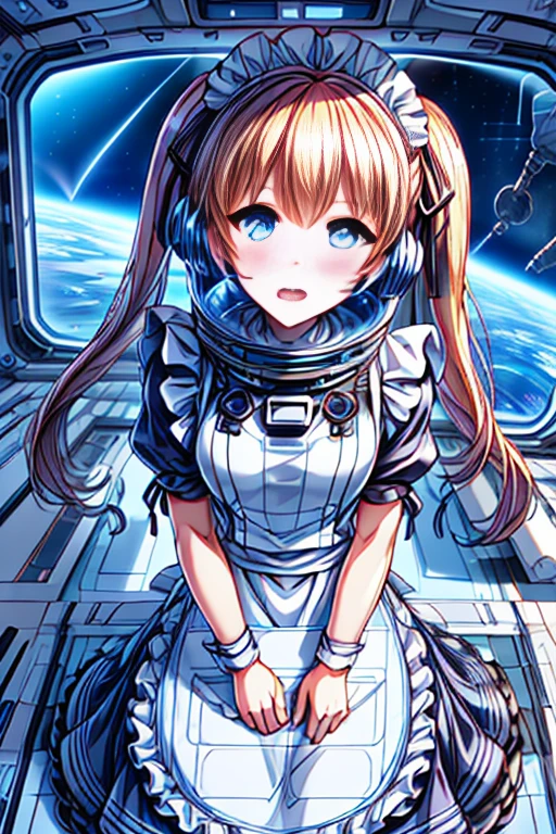 ticker_eriri, sawamura spencer eriri, 1 girl, blonde hair, blue eyes, twin tails, alone, tooth, long hair, hair ribbon, anime coloring book, blush, bangs, black ribbon, long dress, maid, maid apron, roswaal mansion maid uniform,(spacesuit):0.3,
, (masterpiece:1.6, highest quality), (Beautiful detailed eyes: 1.2), bing astronaut