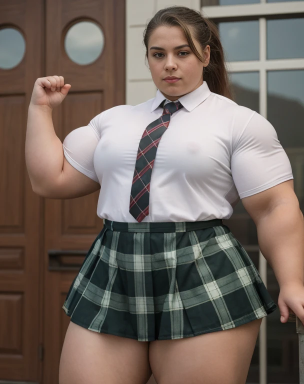 A large thick girl ,   wide hips, wide waist,  wide shoulders,  large torso ,  muscular biceps ,  Generate a full length  portrait of an overweight fat  Marion Jones, huge muscular pecs A heavily muscled iffb pro female bodybuilder,  latex Jowowha Womens  Cosplay Set Short Sleeve Shirt with Tie and Plaid Skirt Fancy Dress Cosplay Costume