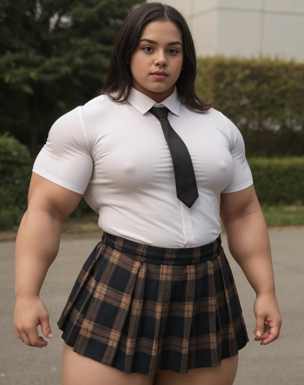 A large thick girl ,   wide hips, wide waist,  wide shoulders,  large torso ,  muscular biceps ,  Generate a full length  portrait of an overweight fat  Marion Jones, huge muscular pecs A heavily muscled iffb pro female bodybuilder,  latex Jowowha Womens  Cosplay Set Short Sleeve Shirt with Tie and Plaid Skirt Fancy Dress Cosplay Costume