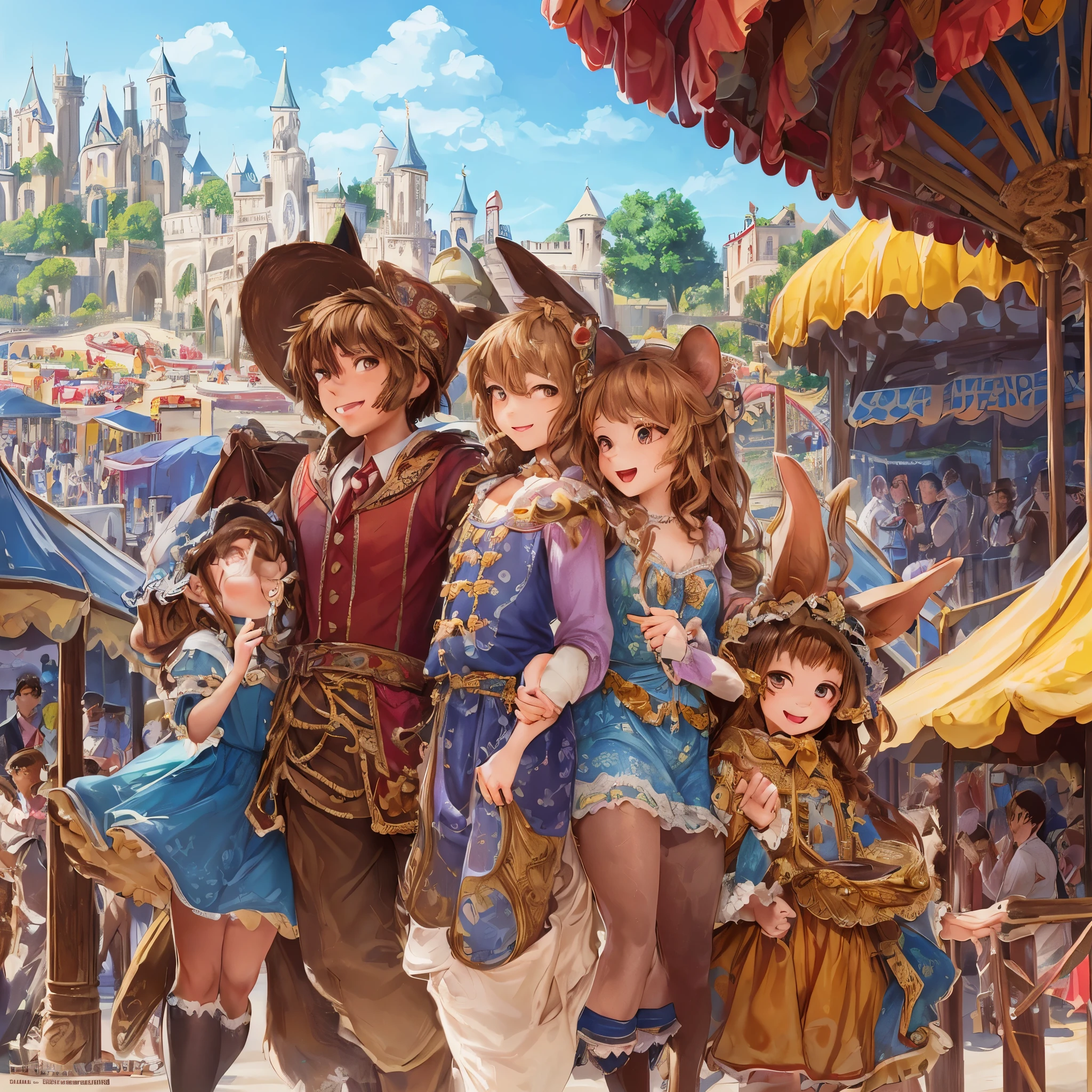 top quality, best quality, High-quality illustrations, masterpiece, super high resolution, detailed background, detailed background, An amusement park, Disneyland, group shot:0.5, 6+boys, 6+girls, Happy, joyful, absurdres(highly detailed beautiful face and eyes)perfect anatomy(Photos taken with friends)(kemono, furry anthro)selfie:0.5,