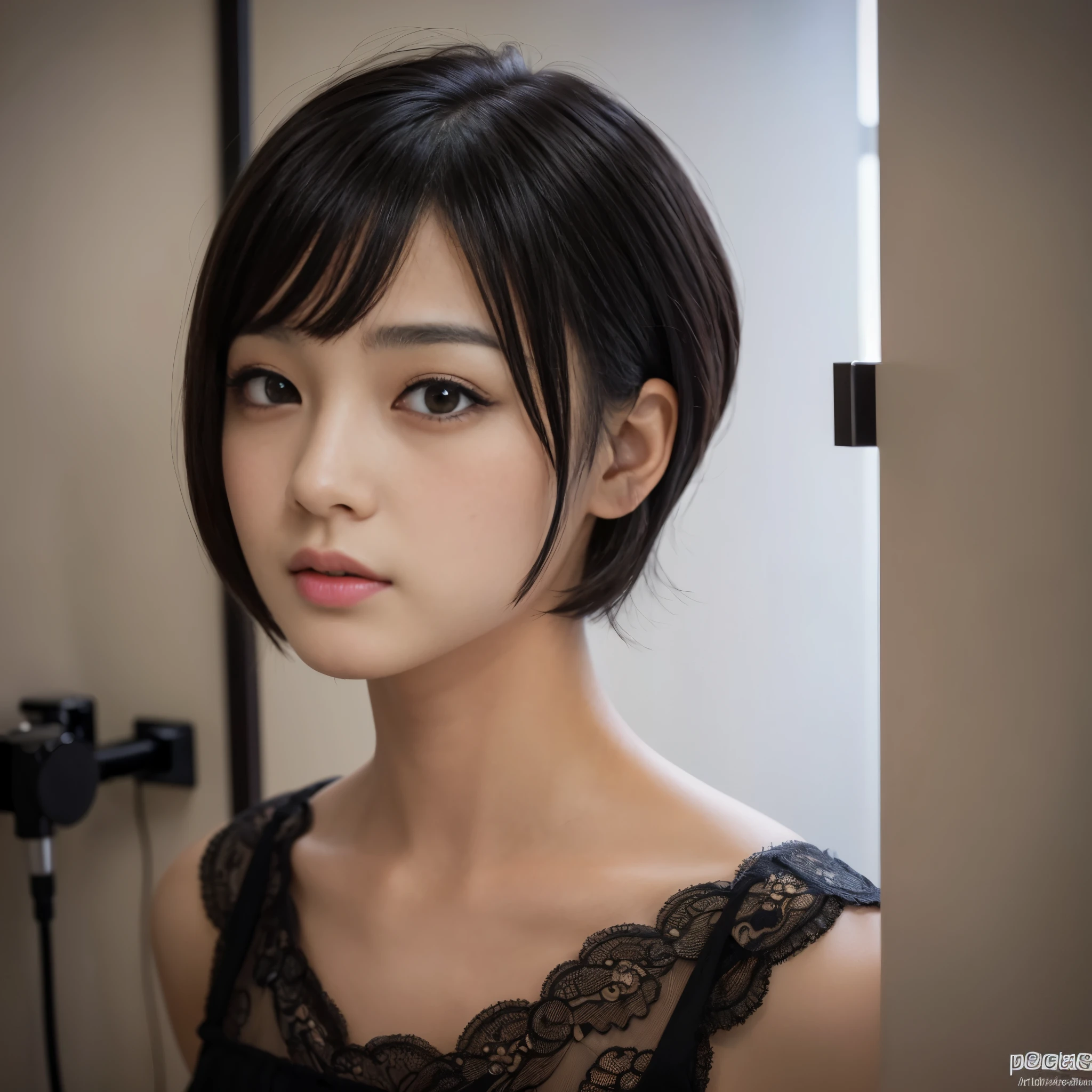 Best-quality, Masterpiece, Ultra-High-Resolution, (Photorealistic:1.4), Raw-Photo, 1girl, 15-years-old, the most famous Japanese idol, at Japanese-school changing-room, ((have an orgasm)), looking at viewer, extremely cute face like the most popular Japanese idol, (((extremely beautiful big-black-eyes))), extremely beautiful black-short-cut-haired, extremely beautiful skins, extremely beautiful long-eyelashes, extremely beautiful lips, extremely beautiful shoulders, detailed cute-face, detailed beautiful-big-black-eye, detailed black-short-cut-haired