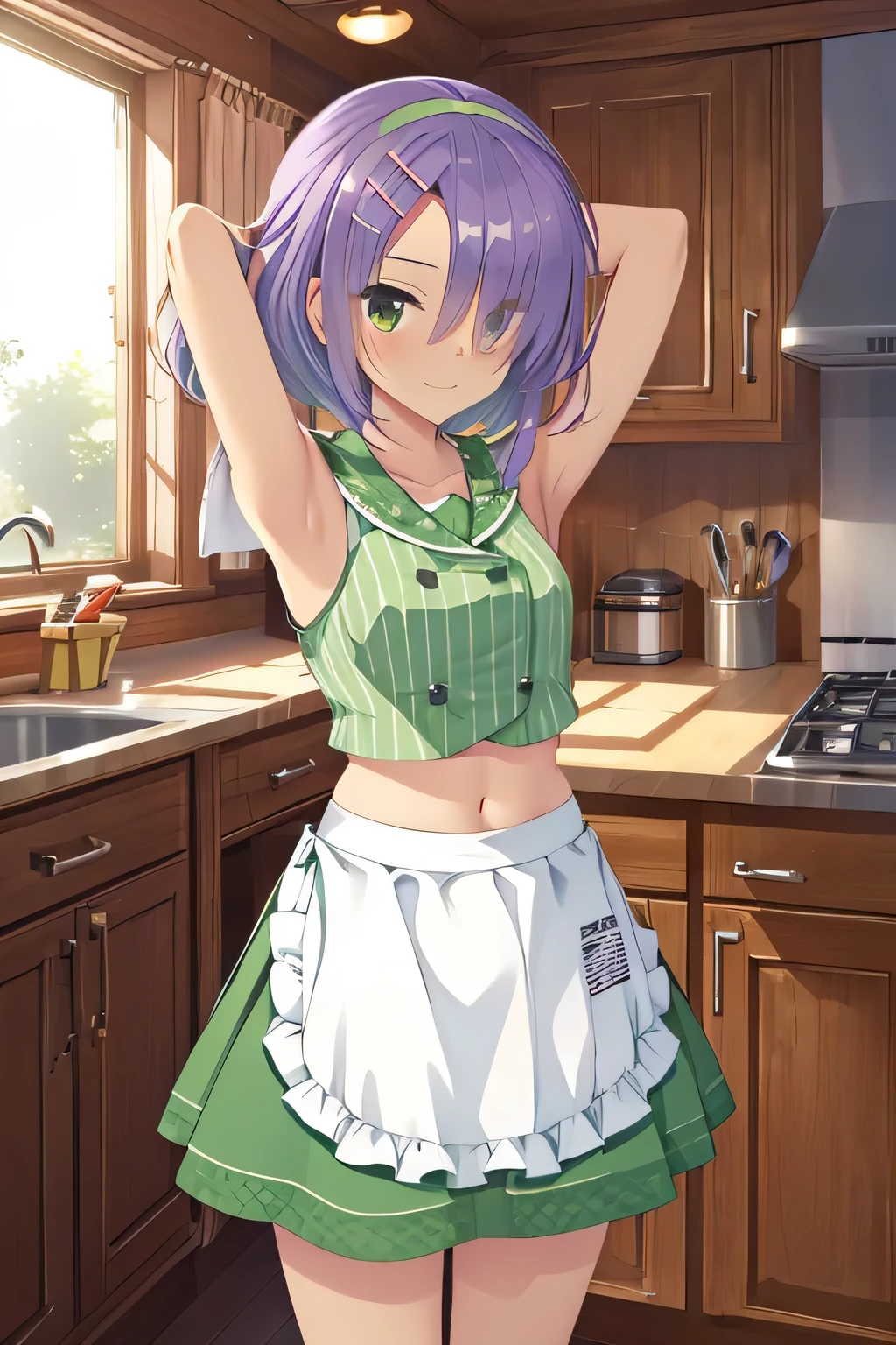 16k, highres, masterpiece, best quality, 
cinematic film still, 
closed_mouth, night sky, forest, arms behind head, spread armpits, midriff, contrapposto, cowboy shot, smile, shy,
1girl, hmi, short_hair,   small breasts, hair_over_one_eye,  hairclip,  tan striped, green dress,  skirt, white apron,  hairband,, 
shallow depth of field, vignette, highly detailed, high budget, bokeh, cinemascope, moody, epic, gorgeous,
film grain, grainy,