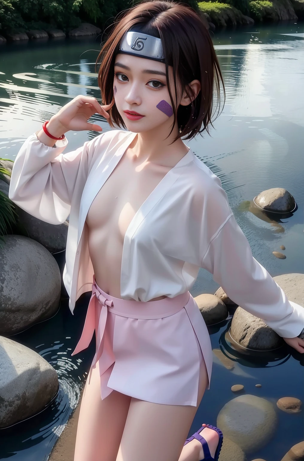 1 girl, One, Brown hair, Brown eyes, short hair, forehead protector, wet body, water drops , nude body , Beautiful female body, graceful, bare chest , facial mark, whole body, long sleeves, bracelet, Konohagakure symbol, head band, Sandals, clavicle, facial mark , purple stripe on cheek, Rin Nohara , Konoha bandana , 