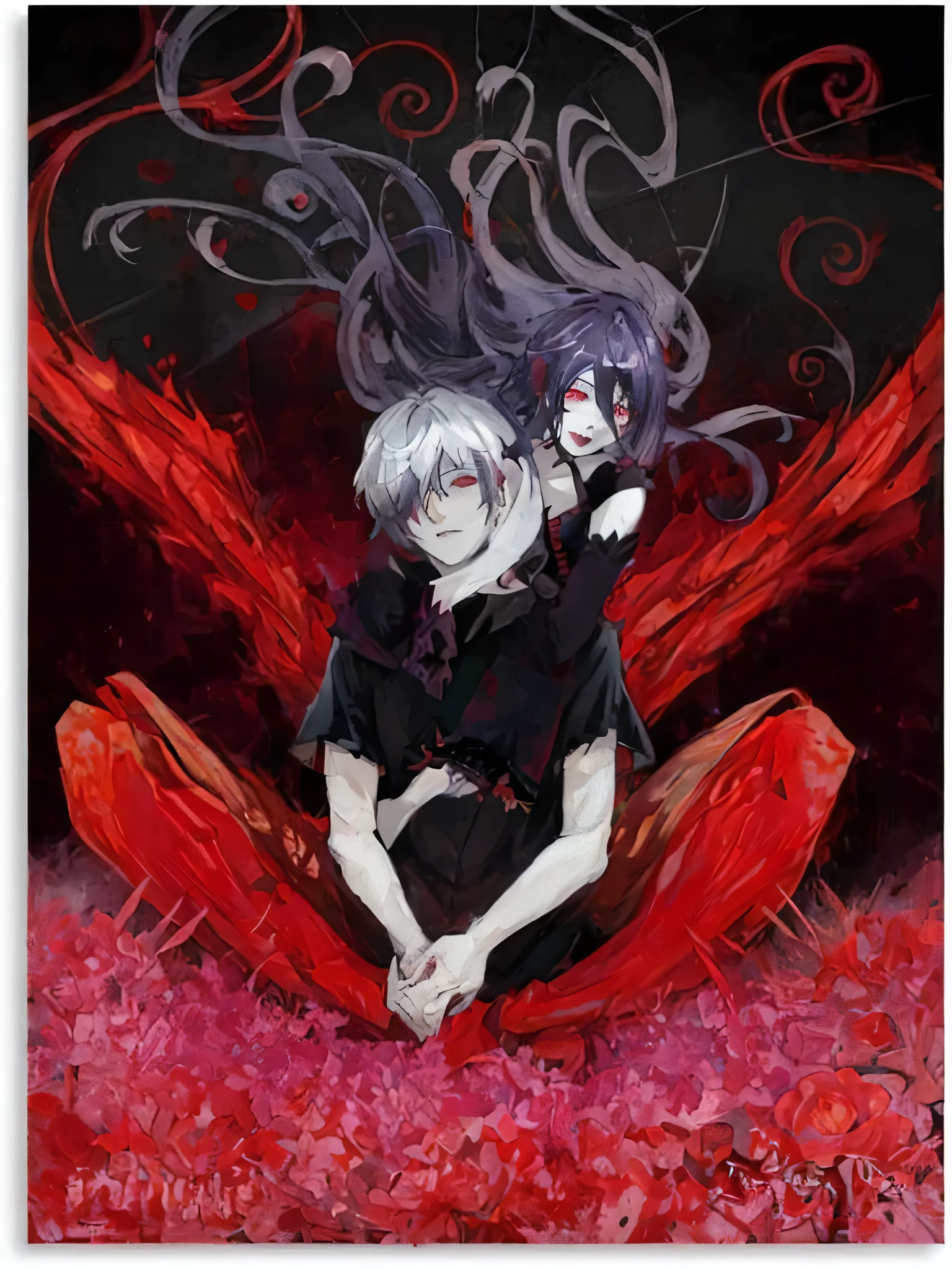 a painting of two people sitting on a red flower, puce and vermillion, gapmoe yandere grimdark, tokyo ghoul, anime vampires, official anime artwork, anime poster, yandere, dreamy psychedelic anime, trending anime artwork, trending anime art, anime artwork, kaneki ken, with red glowing eyes, detailed key anime art, anime cover, with malice