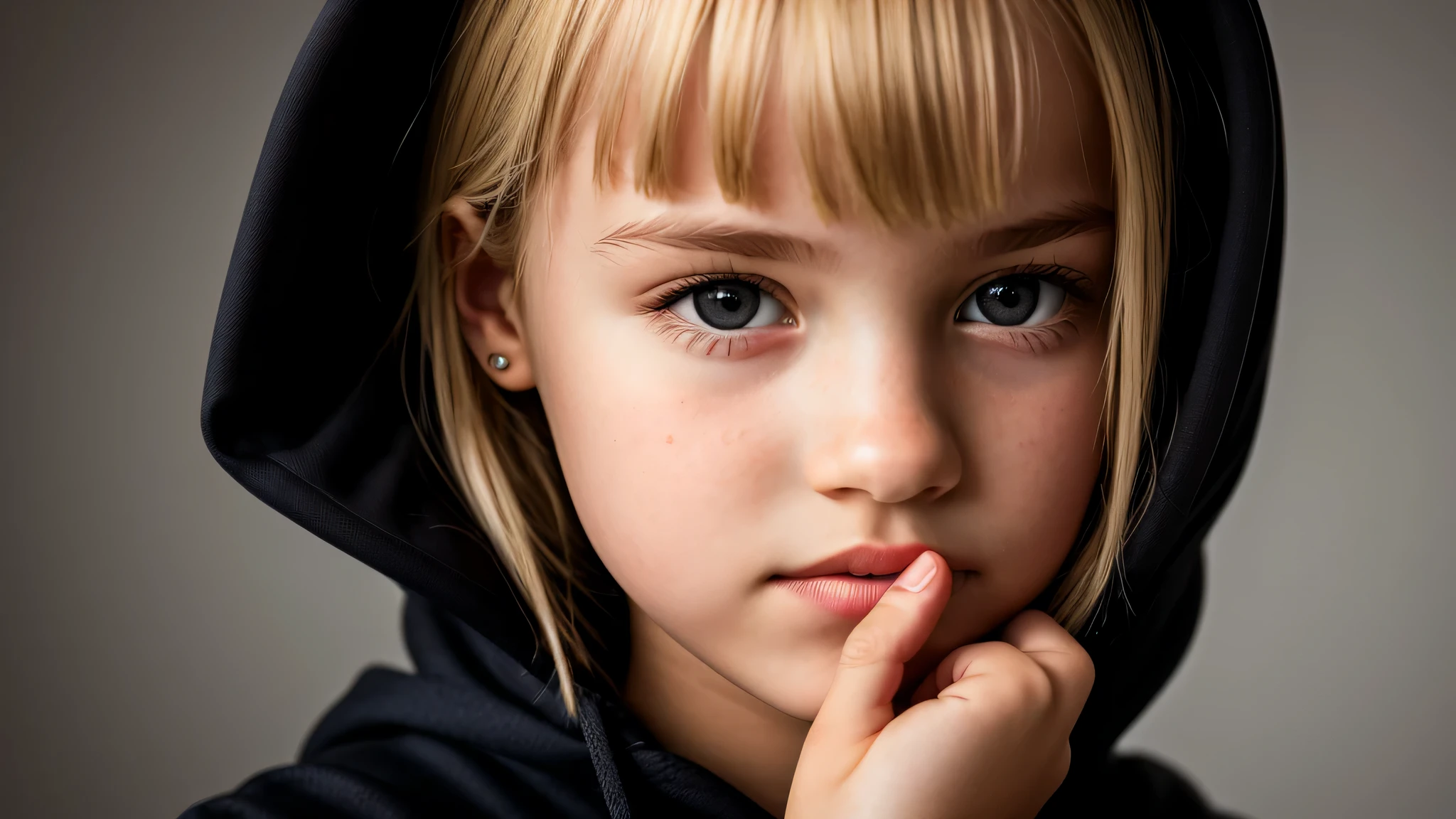 KIDS GIRL BLONDE in a black hoodie holding her head in her hands, KIDS girl wearing hoodie, in a black hoodie, close up portrait photo, gorgeous young model, in a hoodie, portrait black and white portrait, wearing a black hoodie