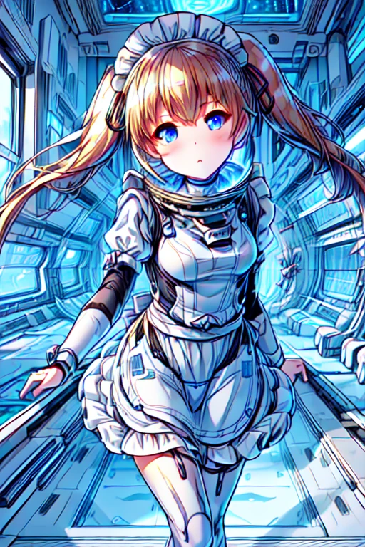 ticker_eriri, sawamura spencer eriri, 1 girl, blonde hair, blue eyes, twin tails, alone, tooth, long hair, hair ribbon, anime coloring book, blush, bangs, black ribbon, long dress, maid, maid apron, roswaal mansion maid uniform,(spacesuit):0.6,, (masterpiece:1.6, highest quality), (Beautiful detailed eyes: 1.2),  bing astronaut