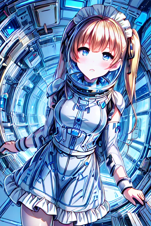ticker_eriri, sawamura spencer eriri, 1 girl, blonde hair, blue eyes, twin tails, alone, tooth, long hair, hair ribbon, anime coloring book, blush, bangs, black ribbon, long dress, maid, maid apron, roswaal mansion maid uniform,(spacesuit):0.6,, (masterpiece:1.6, highest quality), (Beautiful detailed eyes: 1.2), bing astronaut