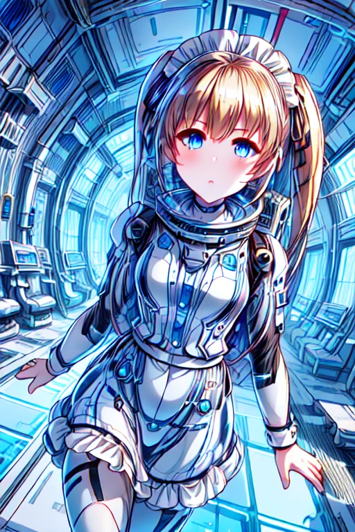 ticker_eriri, sawamura spencer eriri, 1 girl, blonde hair, blue eyes, twin tails, alone, tooth, long hair, hair ribbon, anime coloring book, blush, bangs, black ribbon, long dress, maid, maid apron, roswaal mansion maid uniform,(spacesuit):0.6,, (masterpiece:1.6, highest quality), (Beautiful detailed eyes: 1.2), bing astronaut
