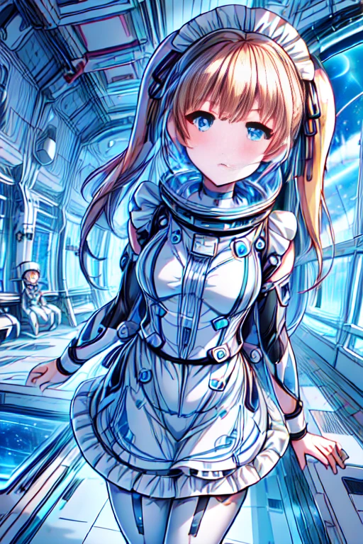ticker_eriri, sawamura spencer eriri, 1 girl, blonde hair, blue eyes, twin tails, alone, tooth, long hair, hair ribbon, anime coloring book, blush, bangs, black ribbon, long dress, maid, maid apron, roswaal mansion maid uniform,(spacesuit):0.6,, (masterpiece:1.6, highest quality), (Beautiful detailed eyes: 1.2), bing astronaut