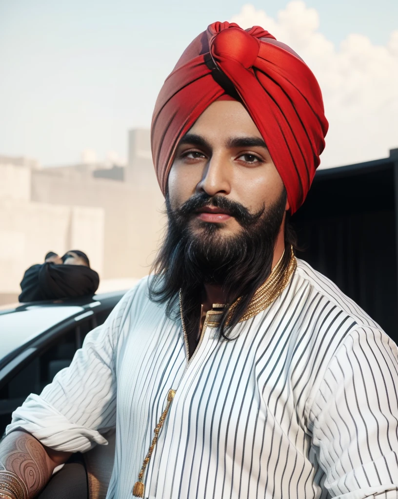 create 3d model, cinematic look,(professional 3d render:1.3) af (Realistic:1.3) most beautiful artwork photo in the world，Features soft and shiny male heroes, ((Epic Punjabi singer sidhu moose wala wearing a black turban on head, black turban, black shirt, big chest 