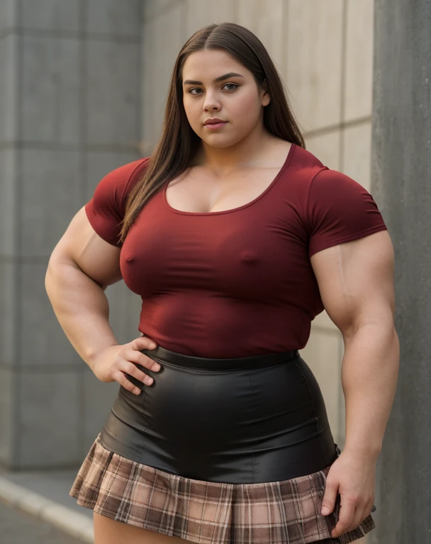 A large thick girl ,   wide hips, wide waist,  wide shoulders,  large torso ,  muscular biceps ,  Generate a full length  portrait of an overweight fat  Marion Jones, huge muscular pecs A heavily muscled iffb pro female bodybuilder,  latex Jowowha Womens  Cosplay Set Short Sleeve Shirt with Tie and Plaid Skirt Fancy Dress Cosplay Costume