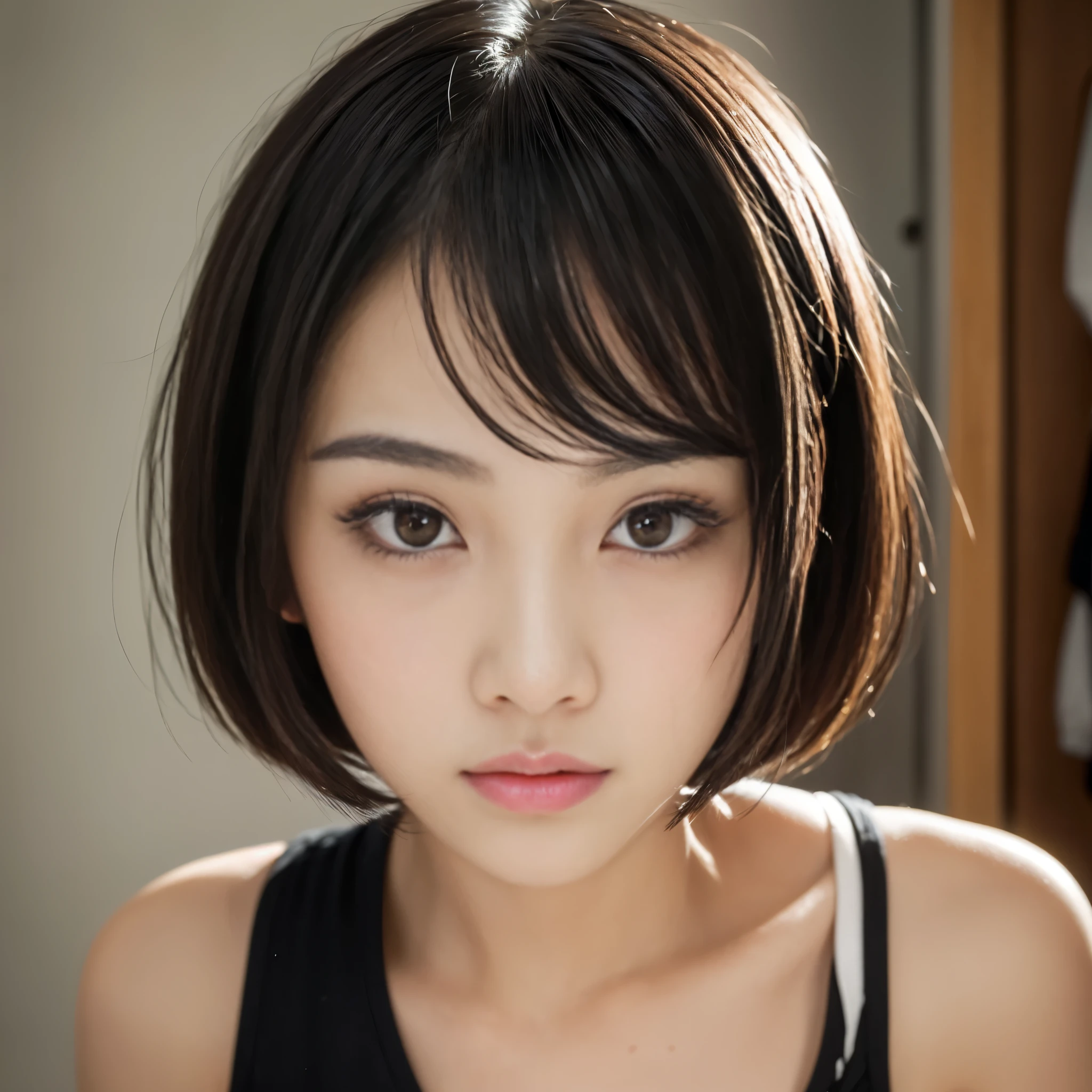 ((realist)) ((Best Quality)) Niña de 13 years 156cm de alto,pure black fur,white skin tone,large eyebrows almost together, with small but bulging brown eyes,and big mouth,with a small nose,round face shape,but square at the same time,He has several pimples on his face,in a hotel,He is in transparent underwear that is black but you can't see it.,she has big breasts for her age,also a good ass and curves,Not much,it's good for its age(13 years),She is lying on the bed spreading her legs and putting two of her fingers in her vagina.