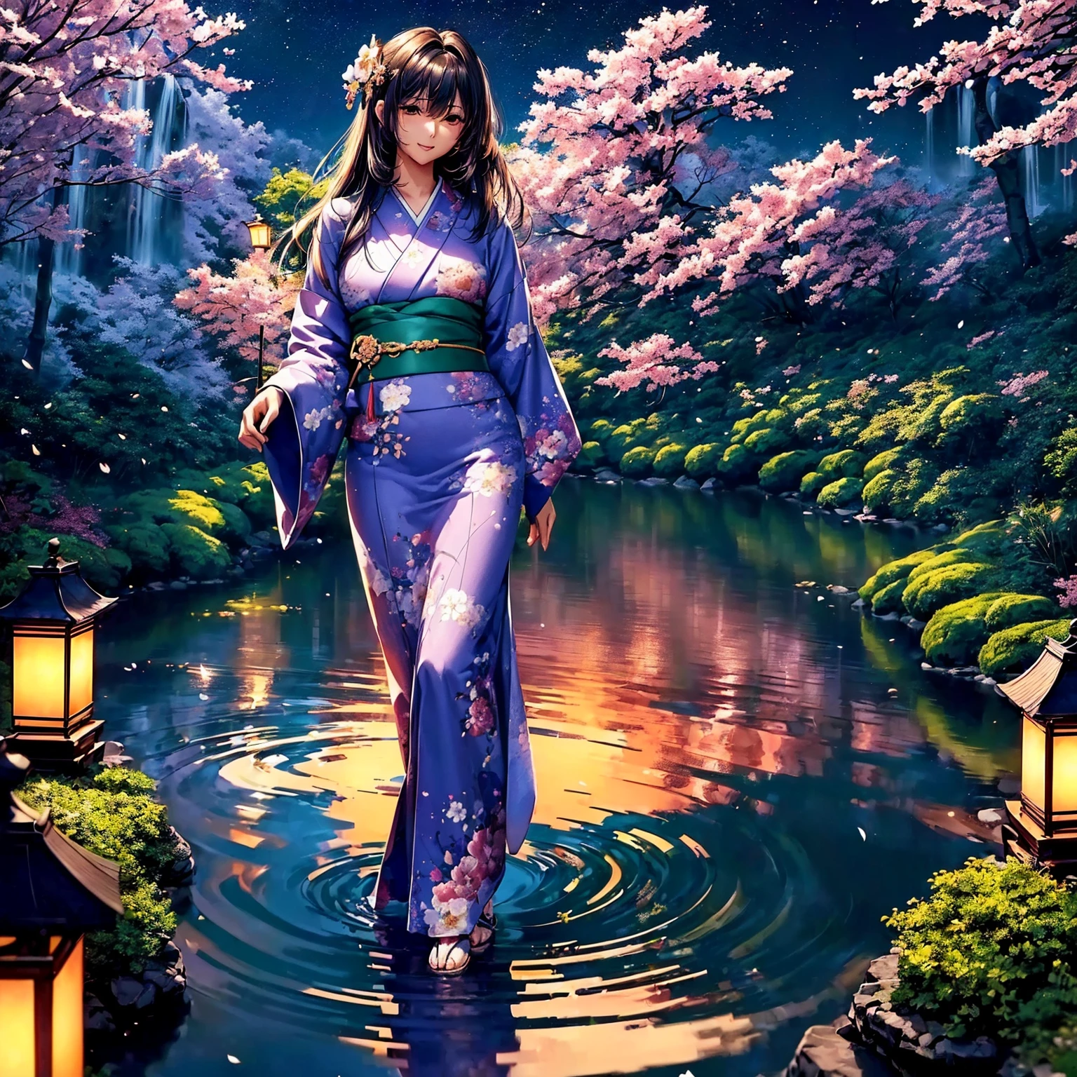 (((highest quality、masterpiece、very high resolution、detailed details)))、(A woman of perfect and ultimate beauty:18-year-old, beautiful body、beautiful face、beautiful hair,bright smile)、(Slender and beautiful body, best skin and hair texture)、((Beautiful Japan kimono:floral and colorful)),(Fantastic waterside,There is a waterfall,Night cherry blossoms and lanterns,mysterious night sky,Hair flutters under the influence of the wind,natural light,beautiful scenery,beautiful scenery),bijinga,highly detailed images、accurate image、Overall image、accurate anatomy、Image without defects,(best shot,RAW photo:1.2)