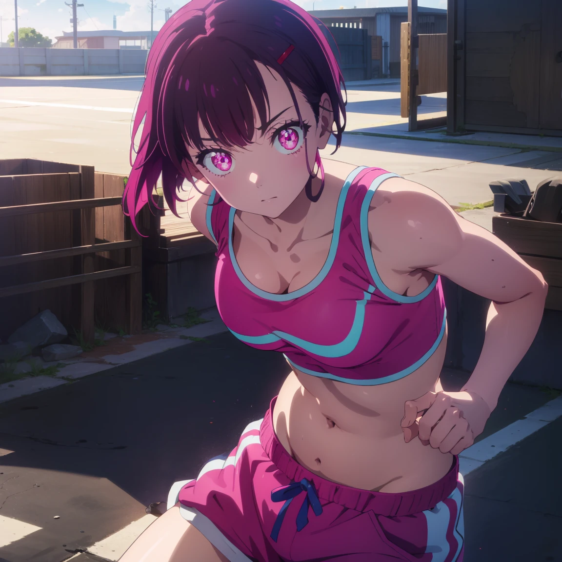 shizukamikazuki, shizuka mikazuki, short hair, purple hair, hair ornament, hair clip, (pink eyes: 1.5), wide bangs,
BREAK navel, sports bra, sportswear, shorts, pink shorts, sweaty,
A fat man,
BREAK R 1 8 looking at the fat man,
BREAK outdoors,
BREAK (masterpiece: 1.2), best quality, high resolution, Unity 8K wallpaper, (artwork: 0.8), (beautiful detailed eyes: 1.6), highly detailed face, perfect lighting, highly detailed CG, (perfect hands, perfect anatomy),