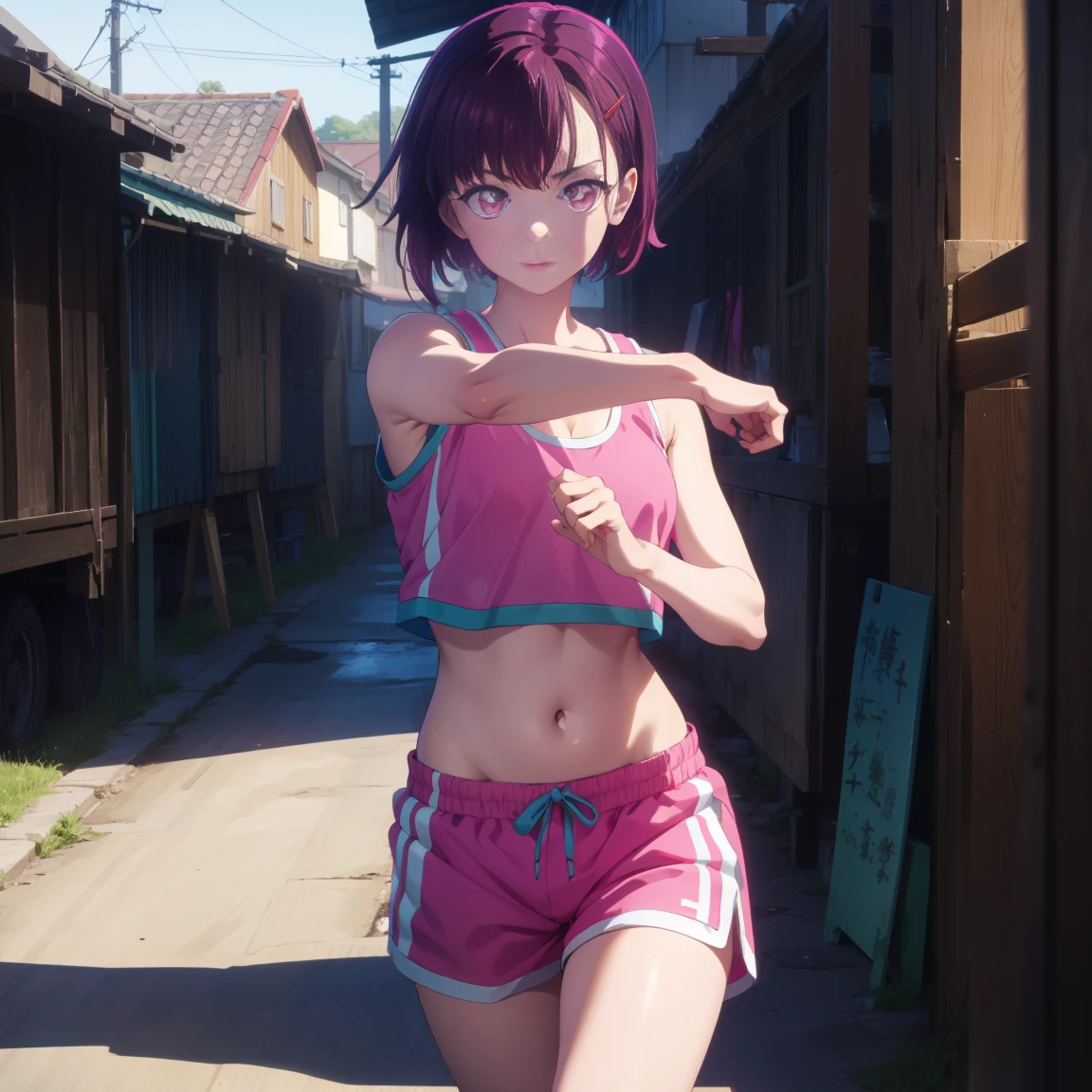 shizukamikazuki, shizuka mikazuki, short hair, purple hair, hair ornament, hair clip, (pink eyes: 1.5), wide bangs,
BREAK navel, sports bra, sportswear, shorts, pink shorts, sweaty,
A fat man,
BREAK R 1 8 looking at the fat man,
BREAK outdoors,
BREAK (masterpiece: 1.2), best quality, high resolution, Unity 8K wallpaper, (artwork: 0.8), (beautiful detailed eyes: 1.6), highly detailed face, perfect lighting, highly detailed CG, (perfect hands, perfect anatomy),