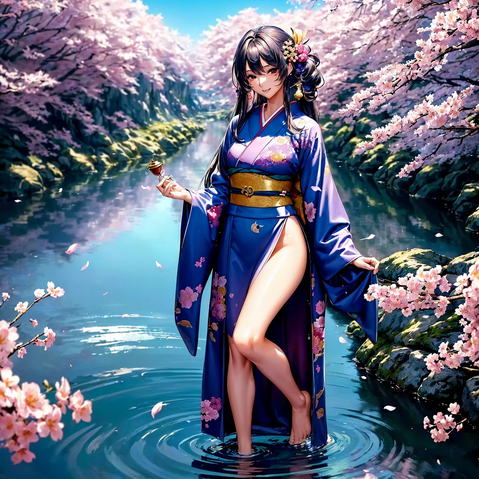 (((highest quality、masterpiece、very high resolution、highly detailed images、detailed details)))、(A woman of perfect and ultimate beauty:18-year-old, beautiful body、beautiful face、beautiful hair,bright smile)、(Slender and beautiful body, best skin and hair texture)、((Beautiful Japan kimono:floral and colorful)),(Fantastic waterside,There is a waterfall,Night cherry blossoms and lanterns,mysterious night sky,Hair flutters under the influence of the wind,natural light,beautiful scenery,beautiful scenery),bijinga,Overall image、accurate image、accurate anatomy、Image without defects,(best shot,RAW photo:1.2)